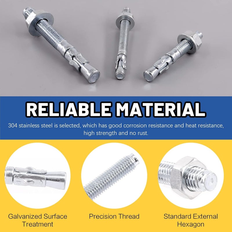 Glarks 24Pcs 3 Sizes 1/2"x 3"-3/4", 3/8" x 2-3/4", 5/16" x 3-1/2" Wedge Anchor Zinc Plated Heavy Duty Fastener Assortment Kit for Concrete - Image 4